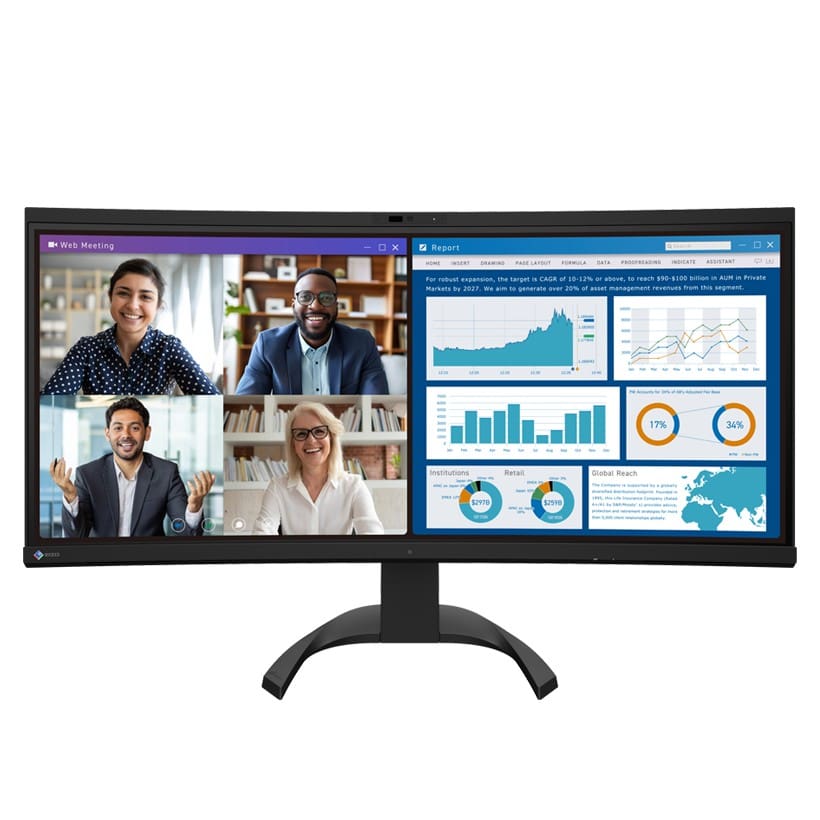 Eizo FlexScan EV3450XC 34.1" Curved Ultrawide Monitor, front view in black showing the built-in webcam and a video meeting