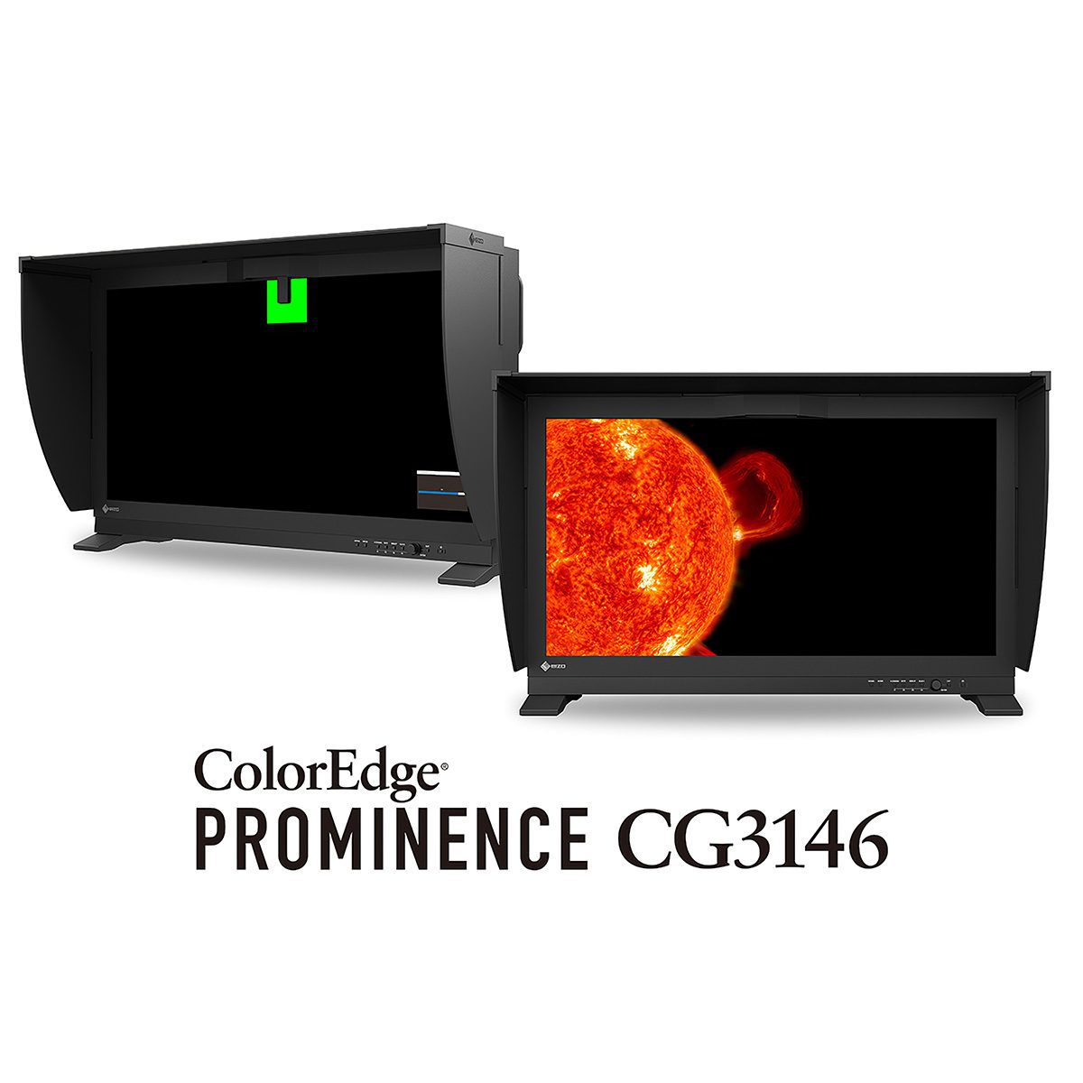 Eizo ColorEdge PROMINENCE monitors shown with and without a hood