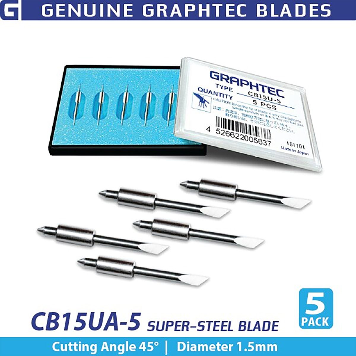 Graphtec CB15UA Supersteel Cutting Blade, 45°, 1.5 mm diameter (5-pack)